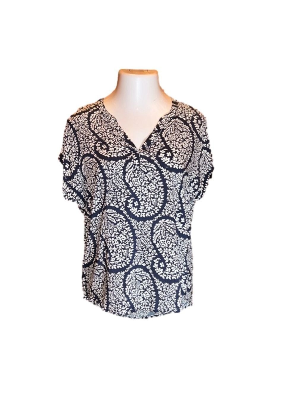 GAP Factory Navy Blue & White Print Pop Over Blouse Size M